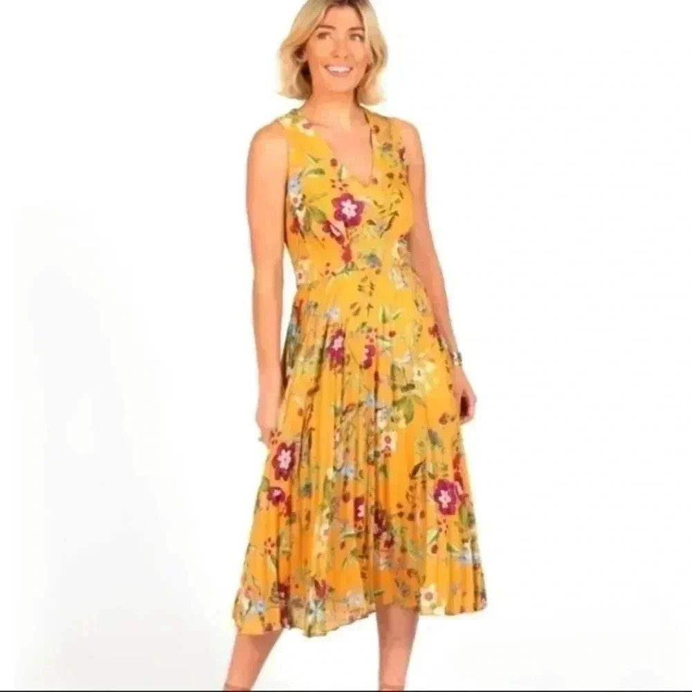 Taylor Floral Yellow/Gold Accordion Pleat Midi Maxi Dress Size 10 Sleeveless